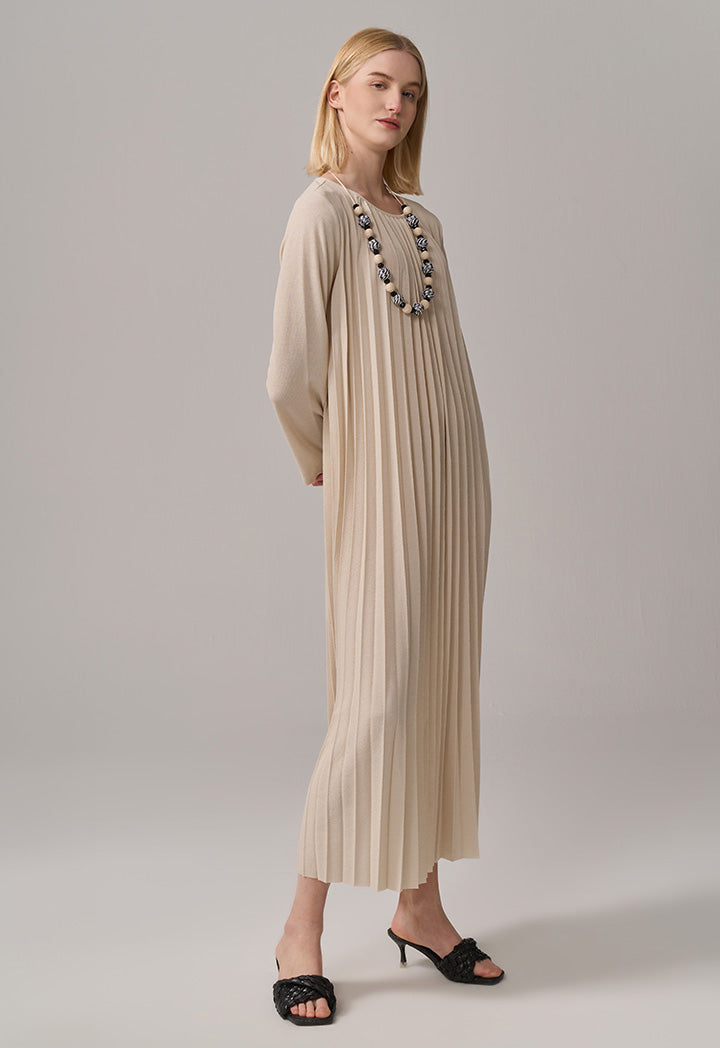 Choice Solid Long Sleeve Pleated Dress Beige