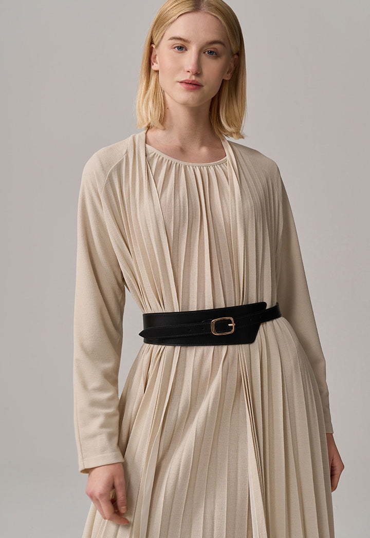 Choice Solid Pleated Maxi Open Abaya Beige