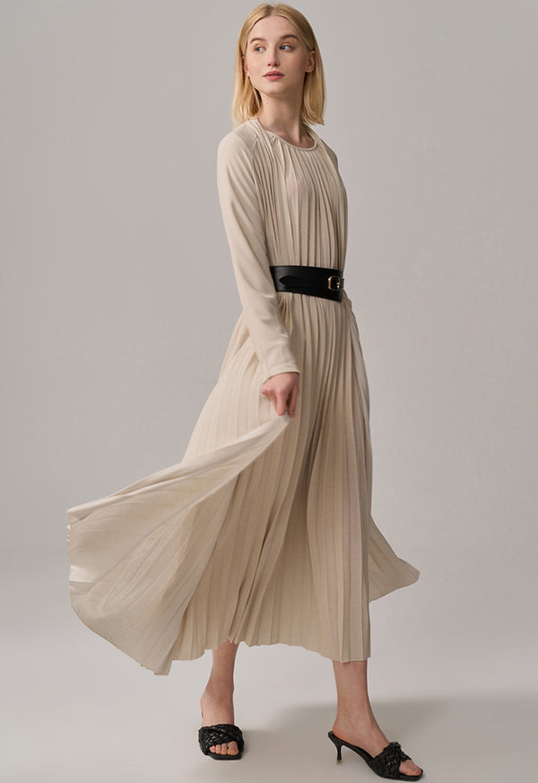 Choice Solid Pleated Maxi Open Abaya Beige