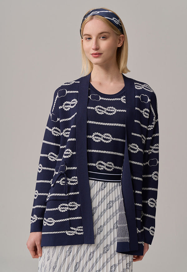 Choice Contrast Long Sleeves Knitted Monogram Cardigan Navy