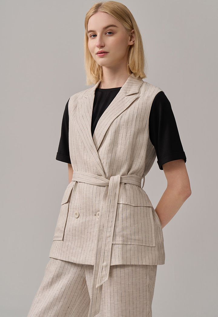 Choice Striped Sleeveless Belted Gilet Beige