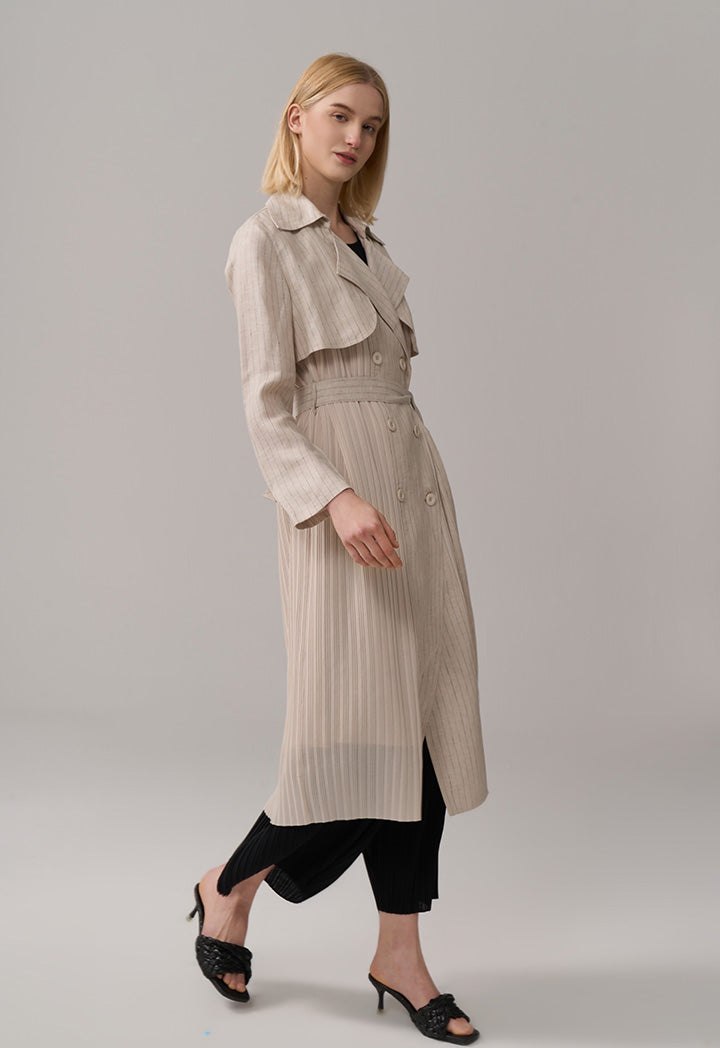 Choice Striped Belted Midi Coat Beige