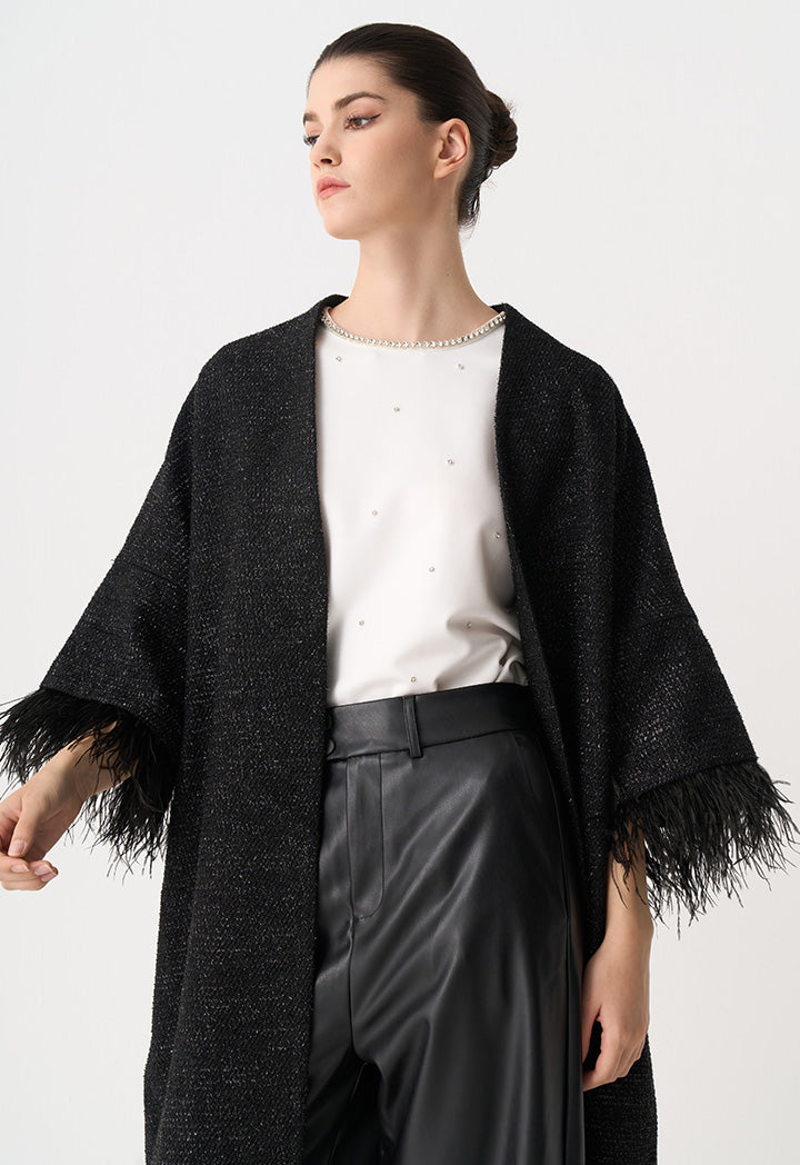 Choice Tweed Lurex Feather Maxi Jacket Black