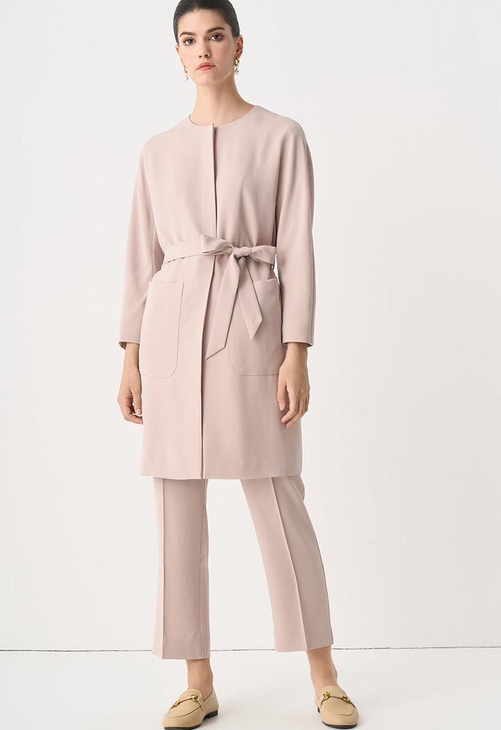 Choice Round Neck Belted Midi Jacket Taupe