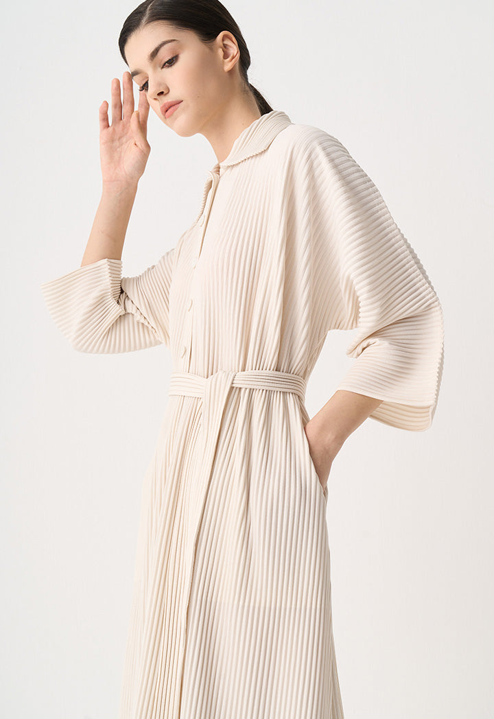 Choice Pleated Belted Oversize Maxi Dress Cream