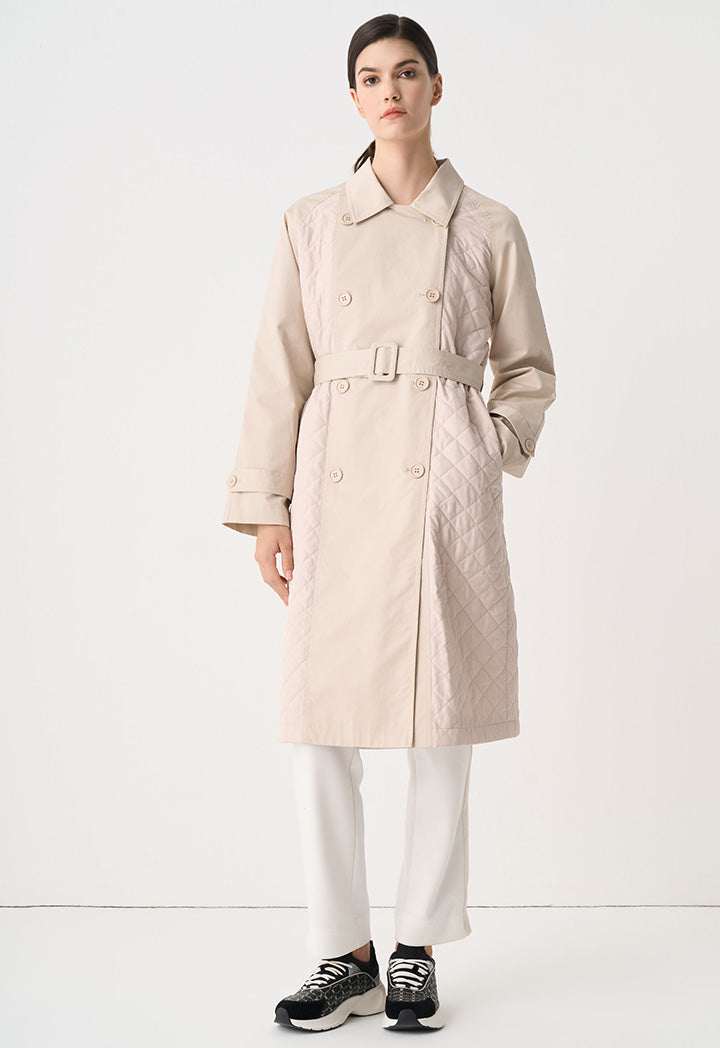 Choice Quilted Double Breasted Midi Coat Beige