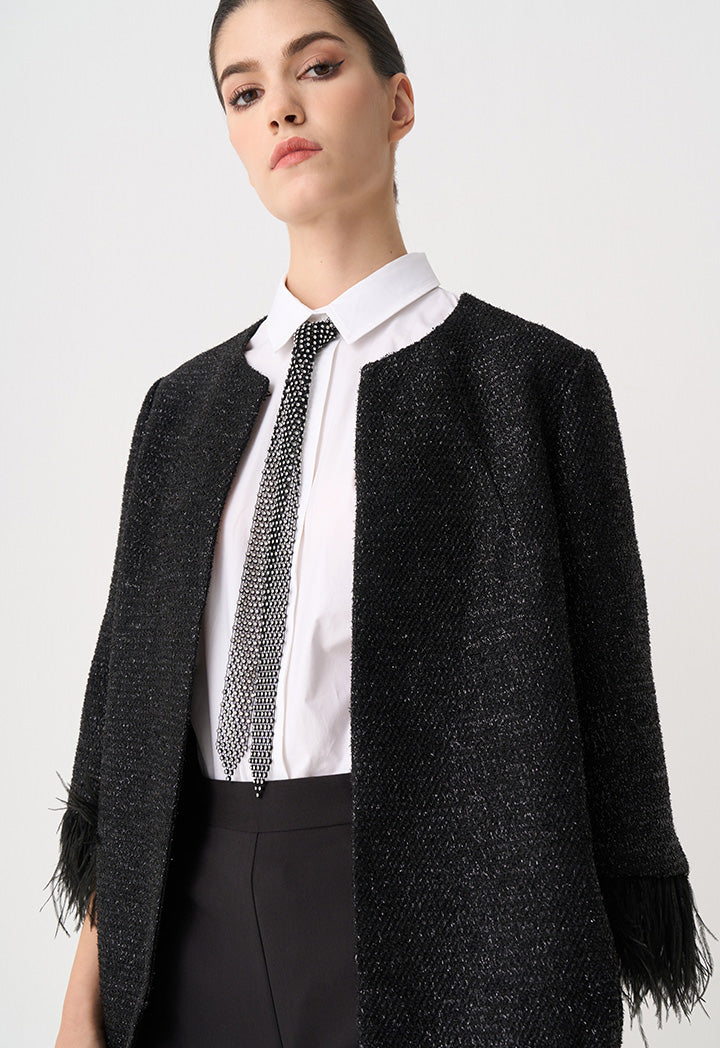 Choice Tweed Lurex Feather Midi Jacket Black