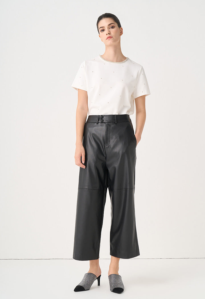 Choice Solid Leather Wide Legs Trousers Black