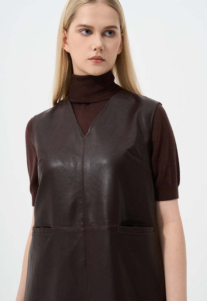 Choice Solid Sleeveless Leather Dress Brown