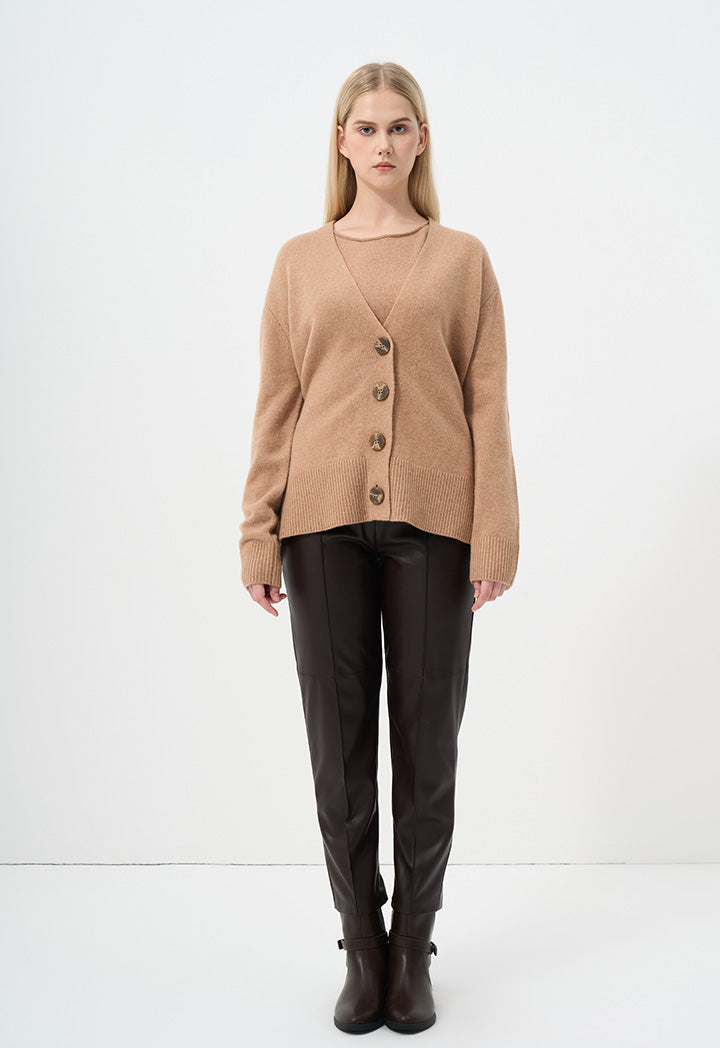 Choice Solid Long Sleeve Cardigan Camel