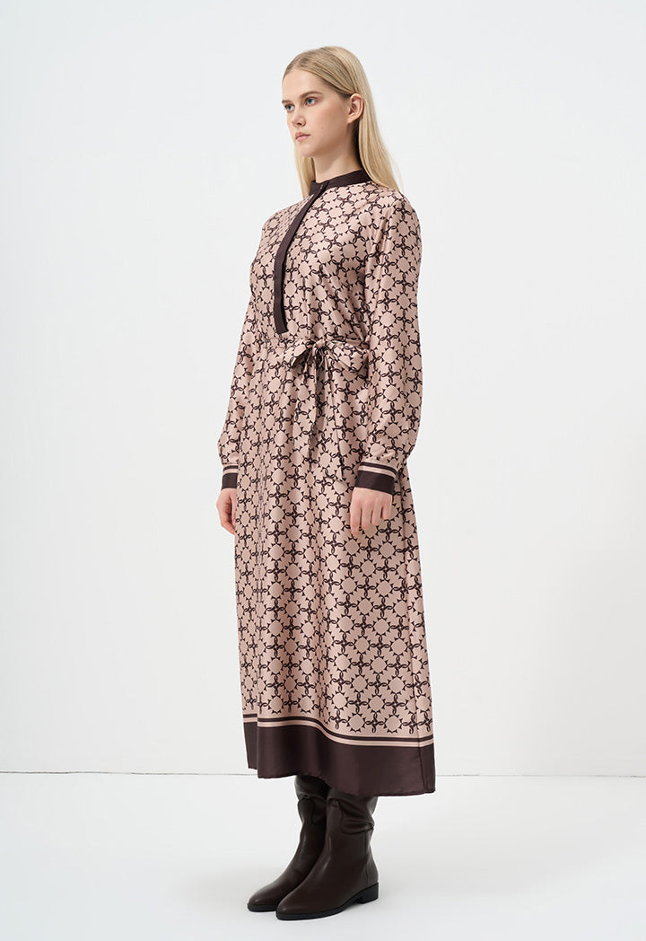 Choice Monogram Printed Belted Maxi Dress Brown-Beige