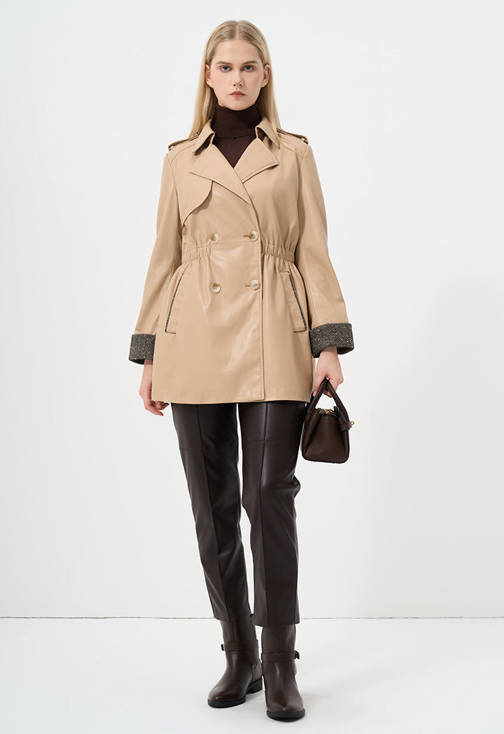 Choice Single Tone Double Breasted Leather Coat Light Camel