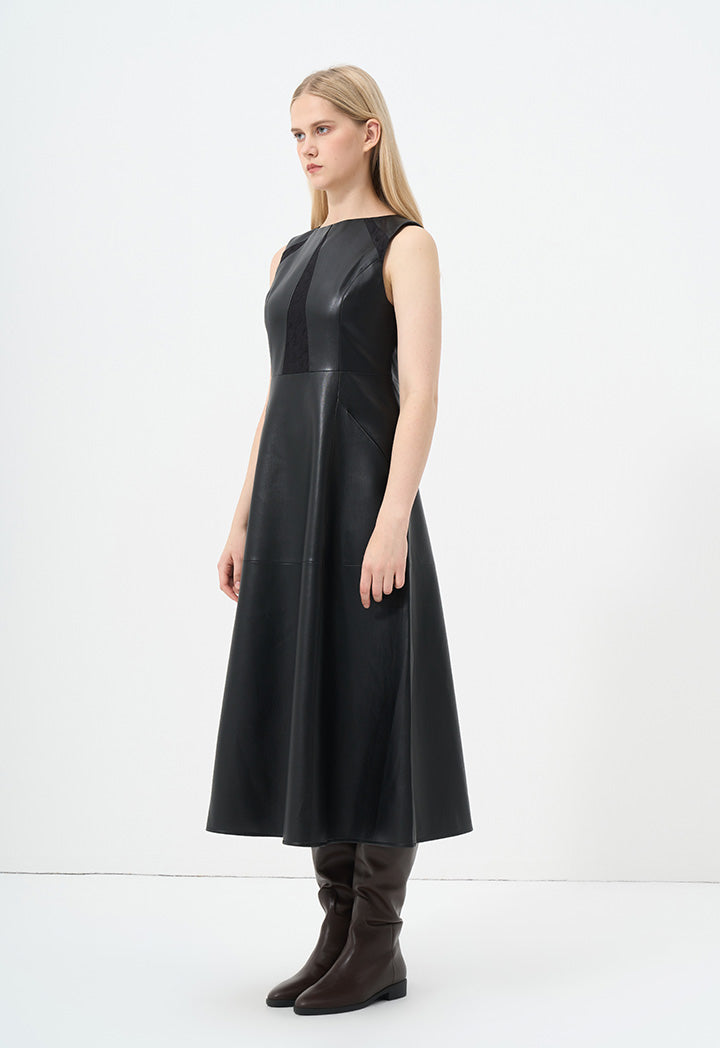 Choice Sleeveless Faux Leather Solid Dress Black