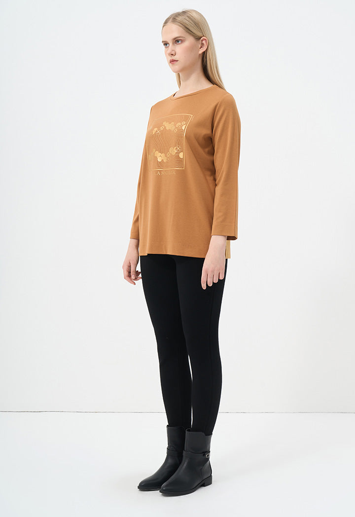 Choice Long Sleeve Printed Motif Top Camel