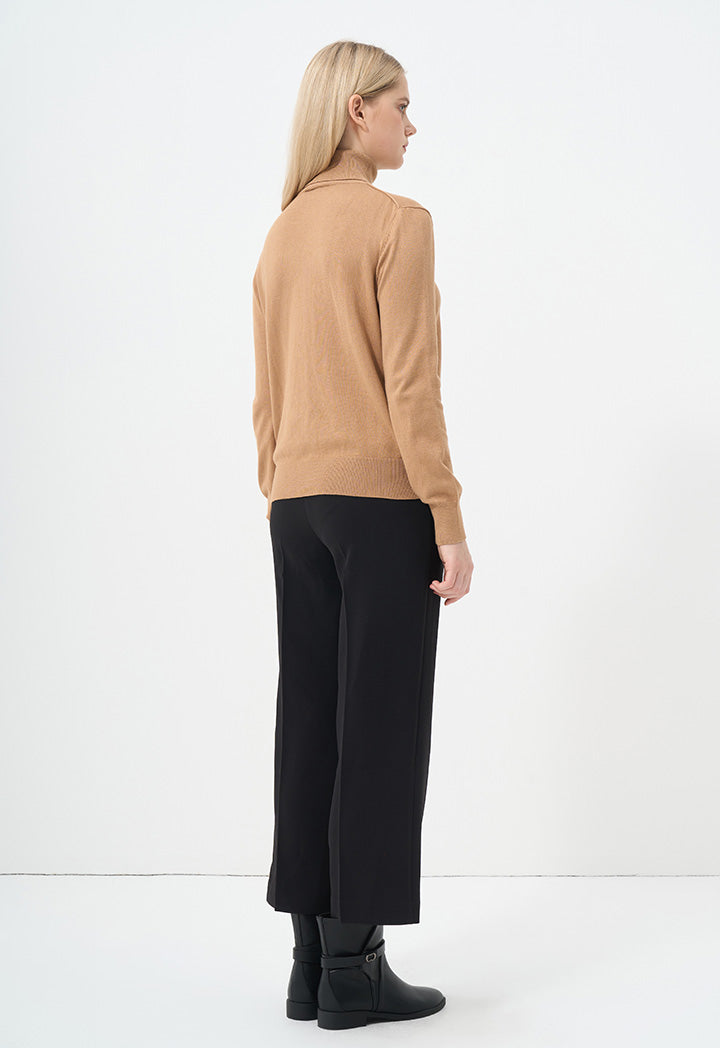 Choice Single Tone High Neck Knitted Top Camel