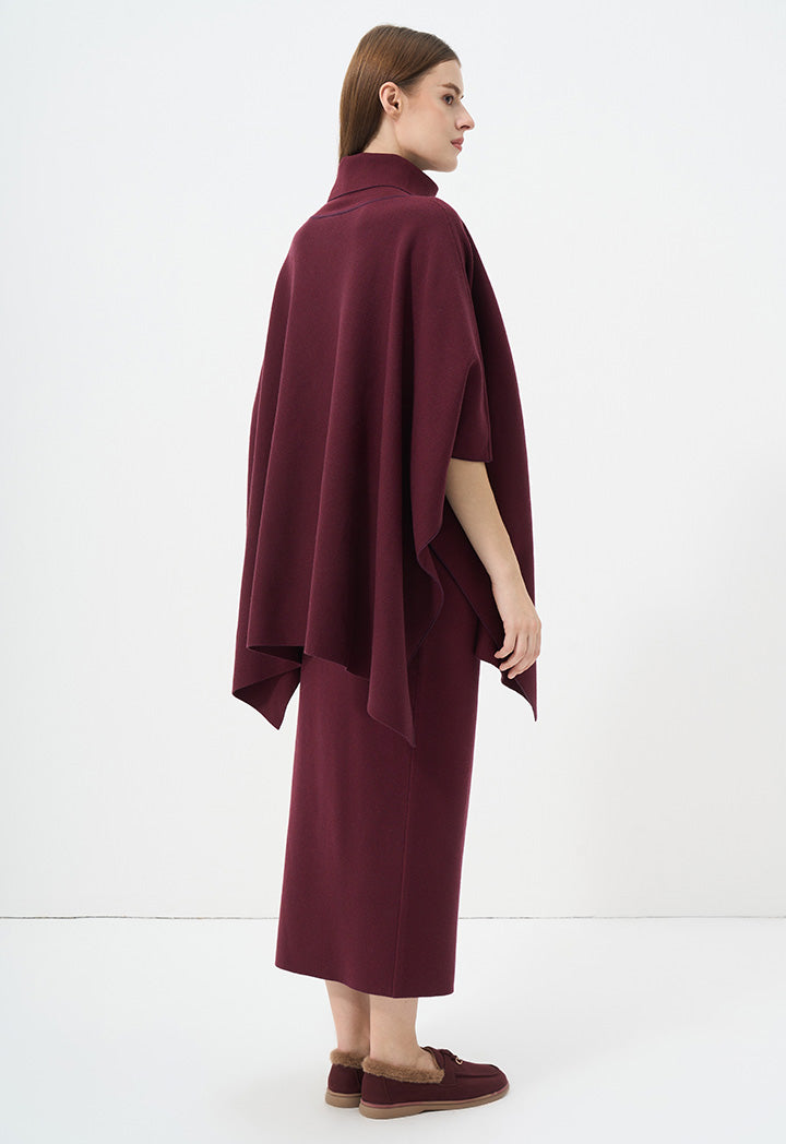 Choice Solid Long Sleeve Knitted Winter Poncho Burgundy