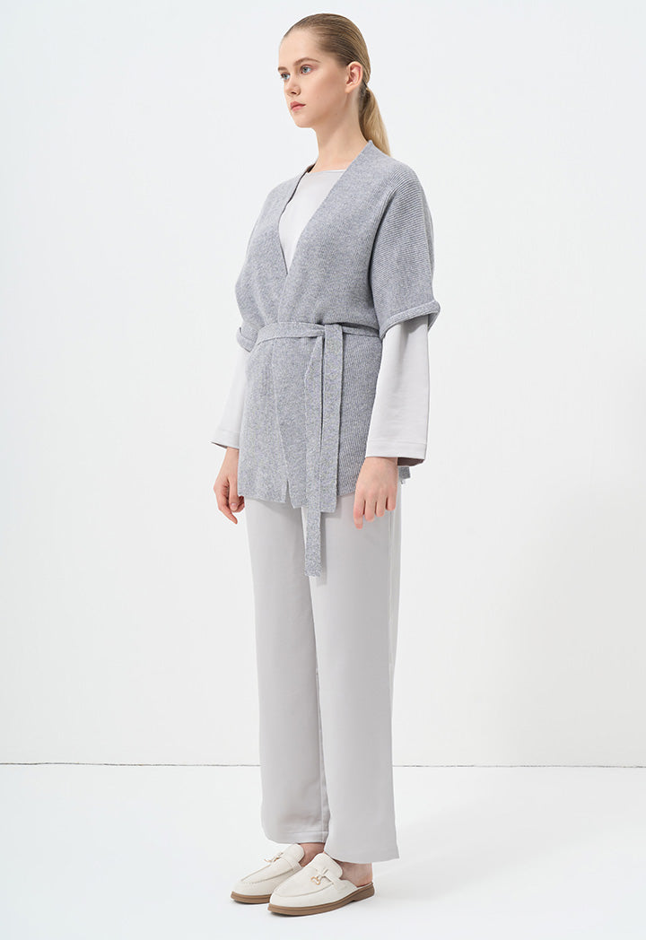 Choice Solid Short Sleeve Knitted Belted Cardigan Grey