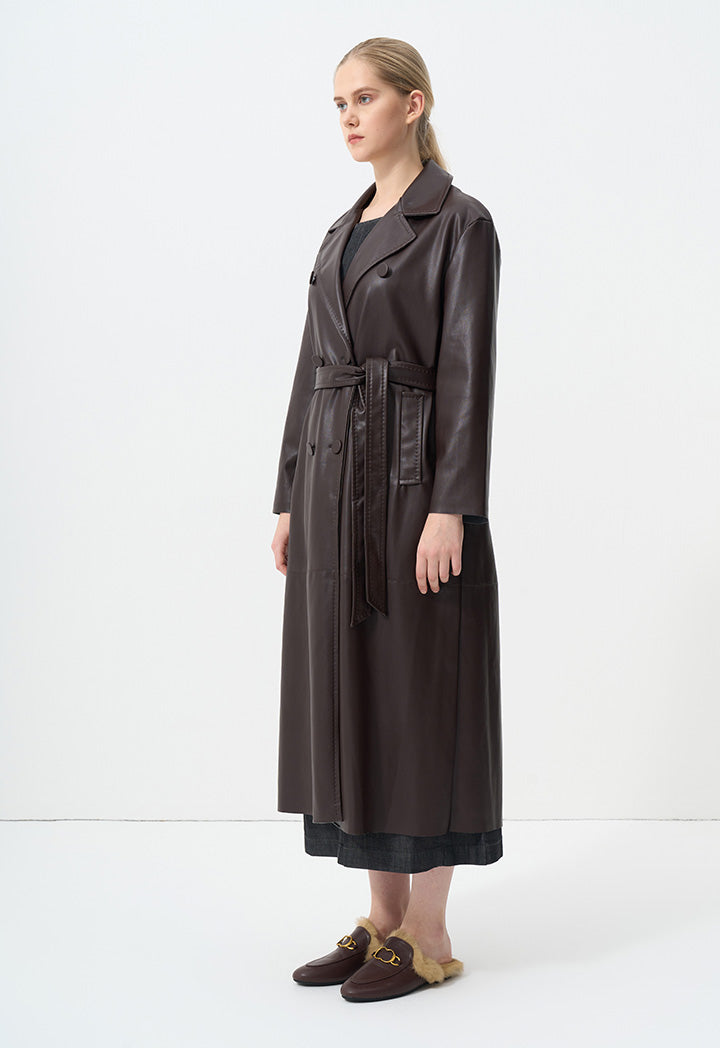 Choice Synthetic Leather Belted Maxi Trench Coat Brown