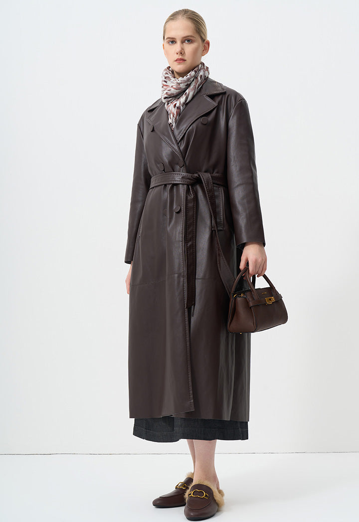 Choice Synthetic Leather Belted Maxi Trench Coat Brown