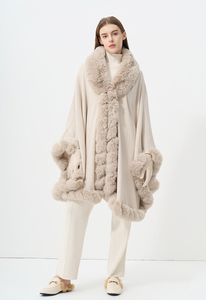 Choice Faux Fur Embellished Poncho Cream