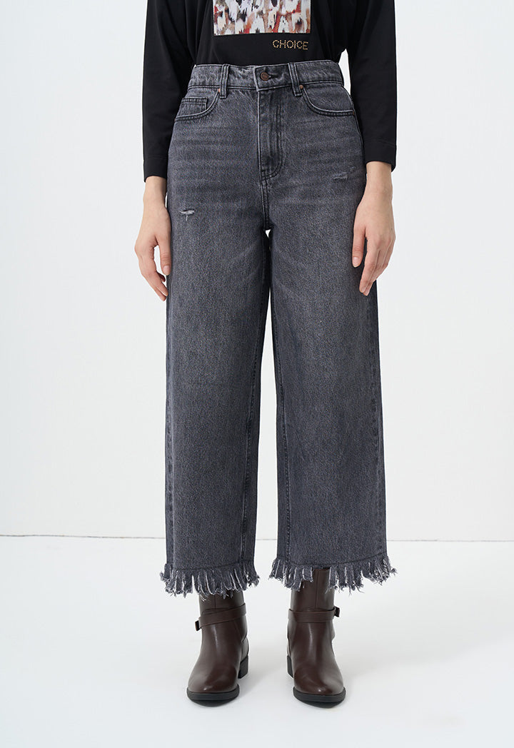 Choice Wide Legs Fringe Denim Trousers Black