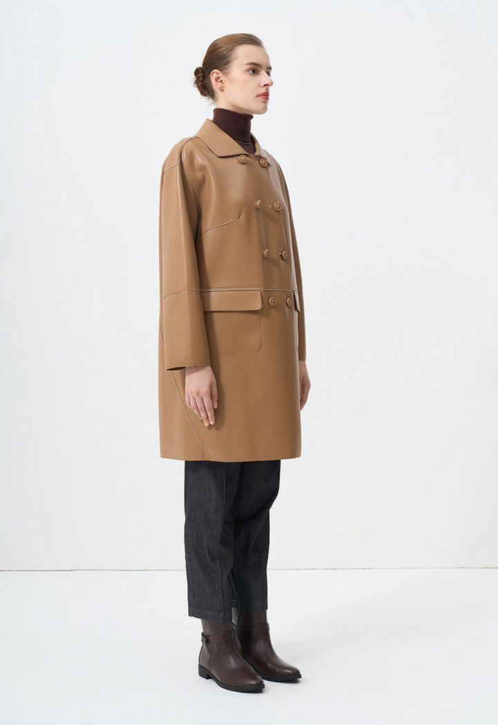 Choice Solid Synthetic Leather Midi Trench Coat  Camel