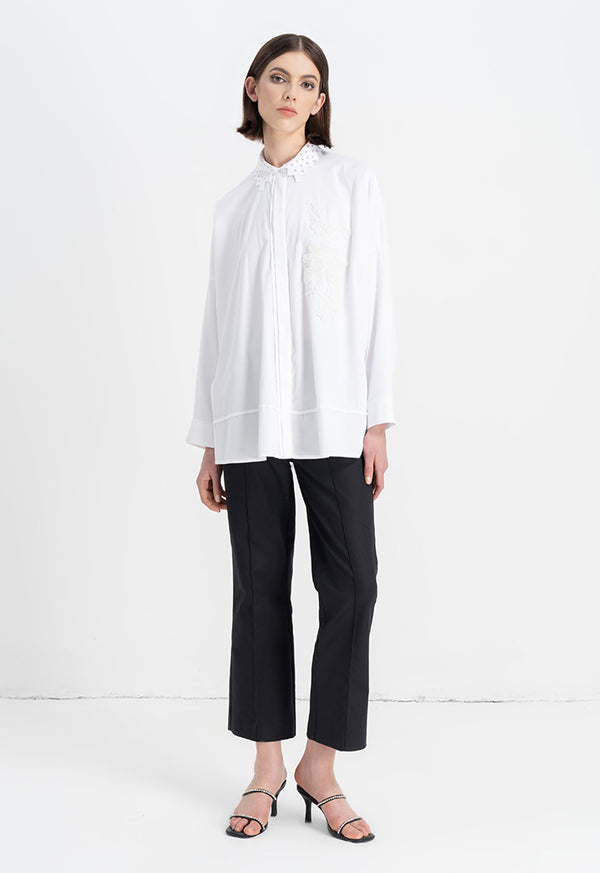 Choice Solid Embroidered Detail Shirt Off White