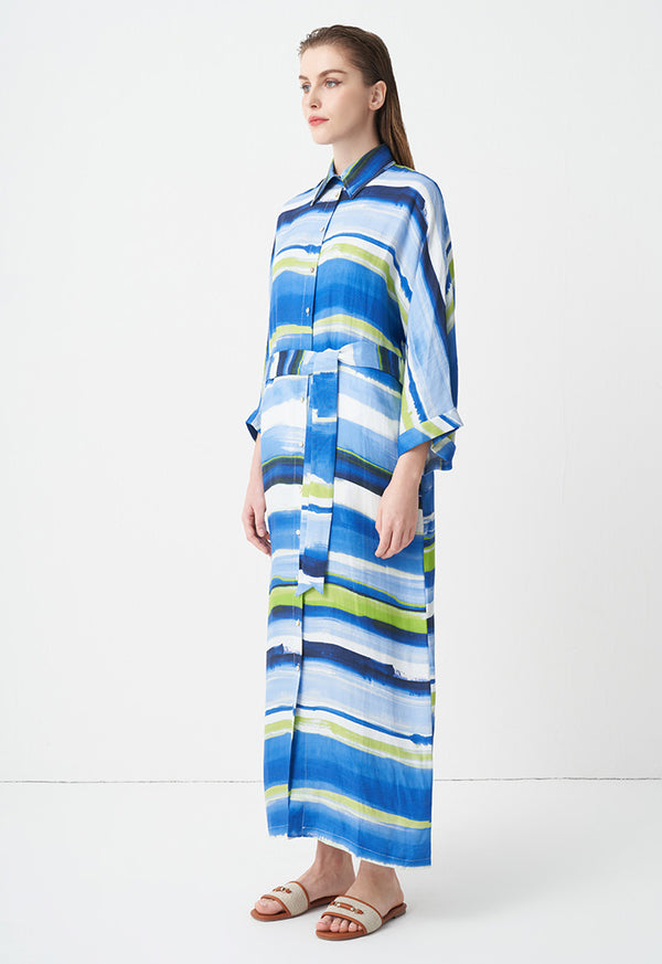 Choice Printed Belted Maxi Shirt Dress  Blue