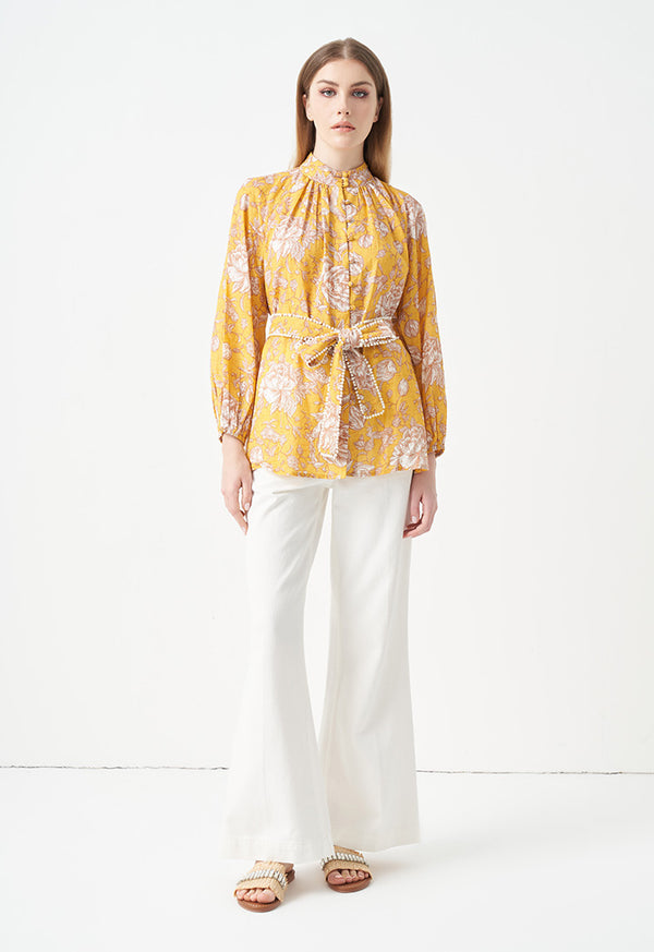 Choice Printed Shirt With Belt Yellow Print