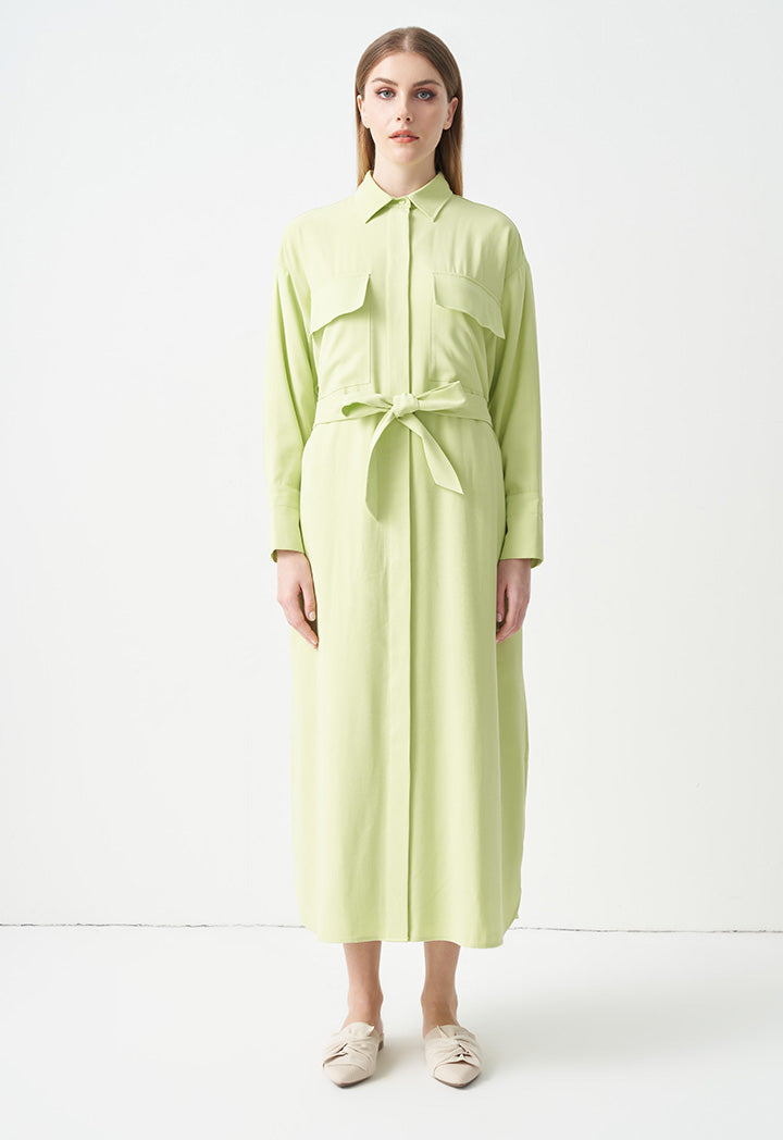 Choice Single Tone Belted Maxi Shirt Dress  Lime