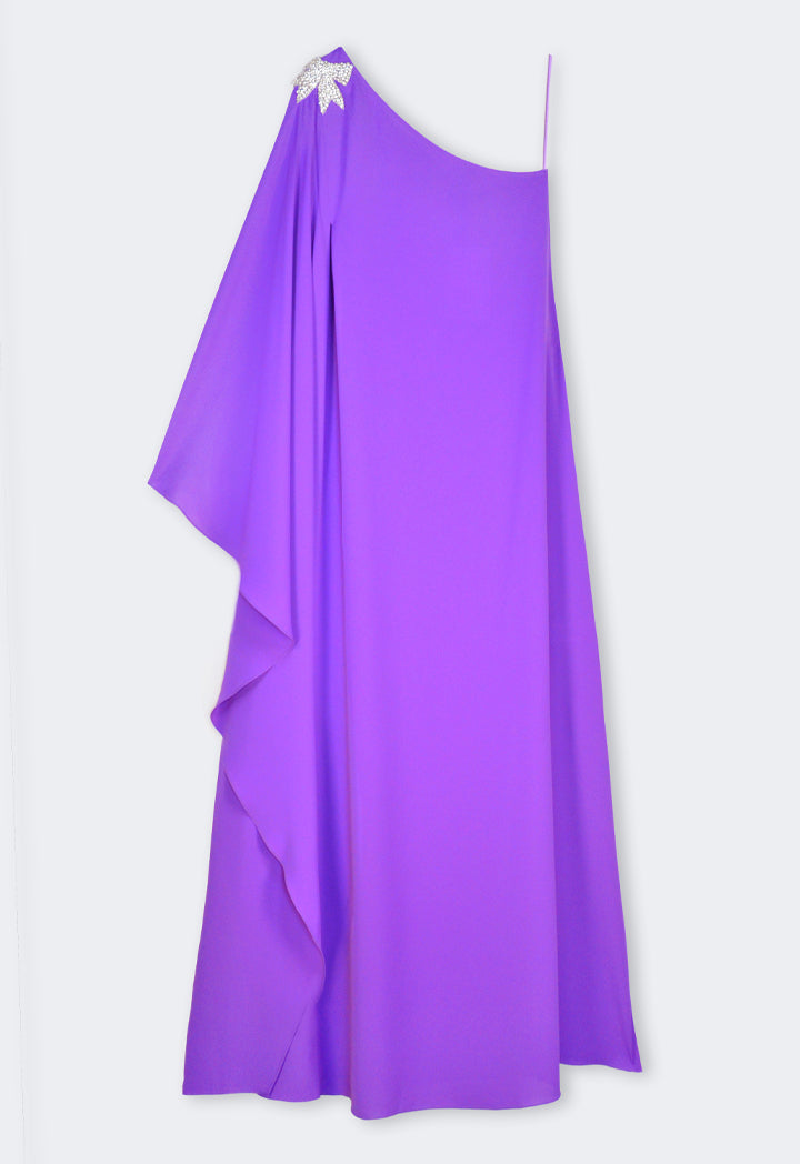 Riva One Shoulder Bow Embellished Gown Dress Purple