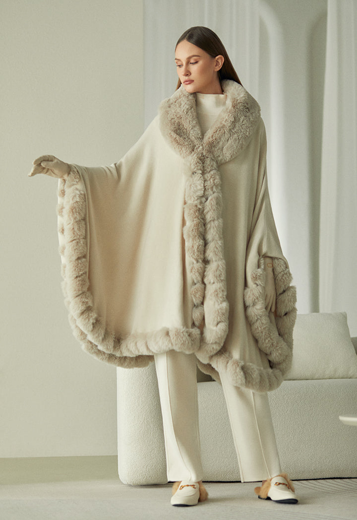 Choice Faux Fur Embellished Poncho Cream