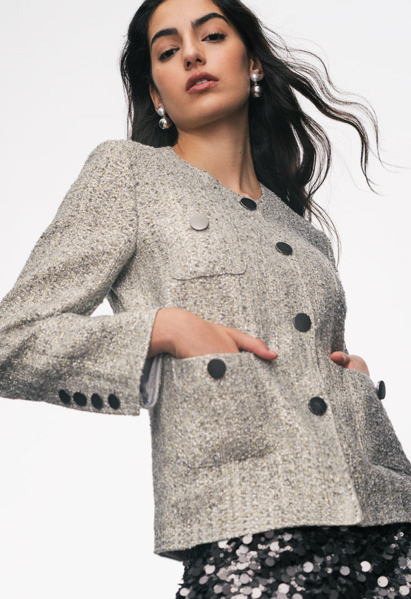 Choice Multi Front Pockets Tweed Lurex Jacket Grey