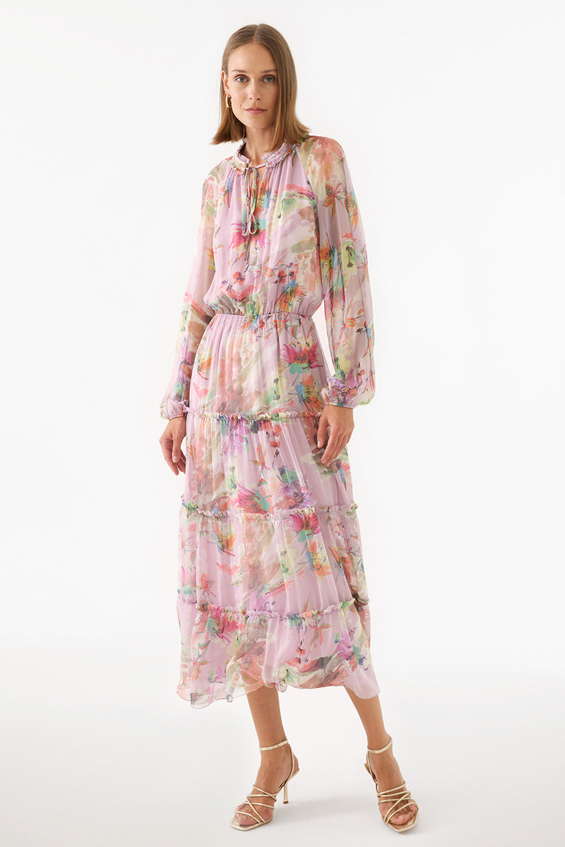 Perspective Mandarin Collar Maxi Dress Multi Color