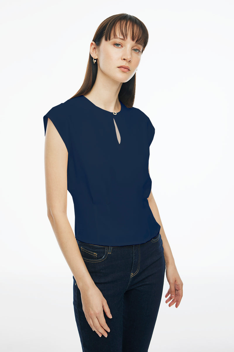 Perspective Round Neck Cap Sleeve Blouse Dark Blue