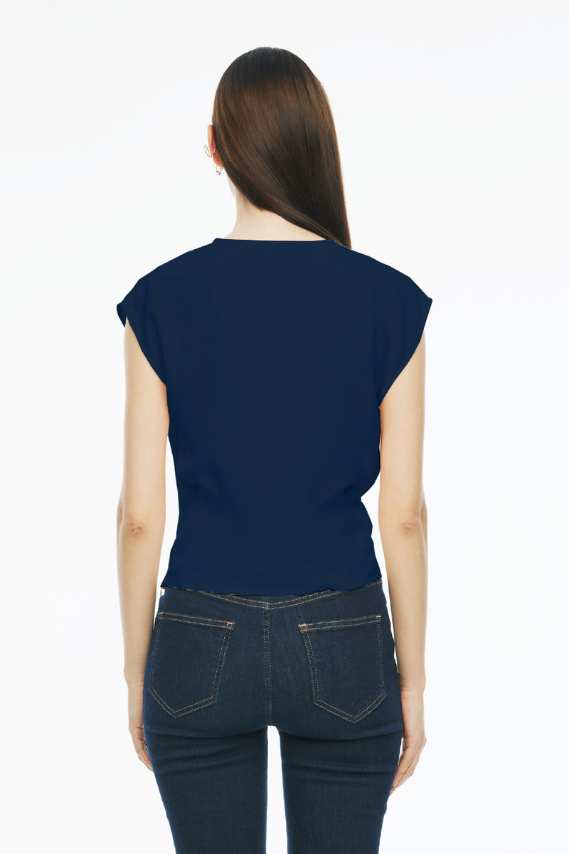 Perspective Round Neck Cap Sleeve Blouse Dark Blue