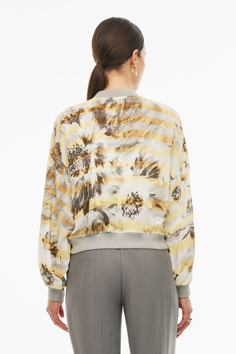 Perspective Floral Long Sleeve Bomber Jacket Ecru