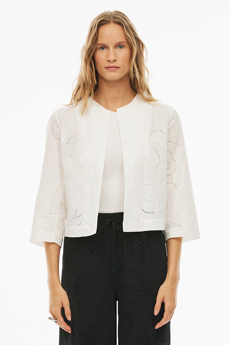 Perspective Round Neck Cotton Short Blazer Ecru