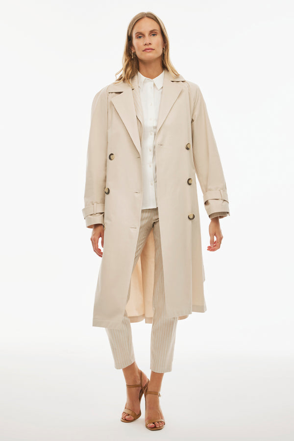 Perspective Shirt Collar Midi Cotton Trench Coat Beige