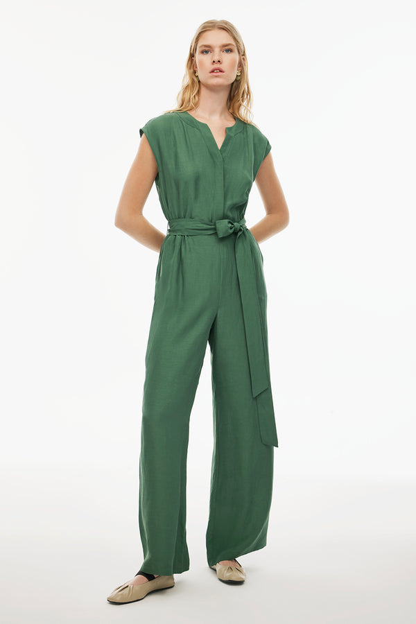 Perspective Round Neck Drop Shoulder Wide Leg Jumpsuit Dark Green