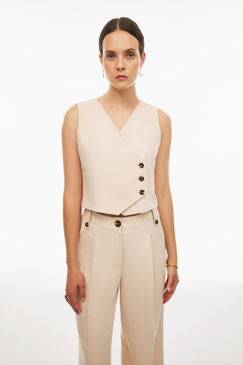 Perspective V-Neck Short Waistcoat Beige