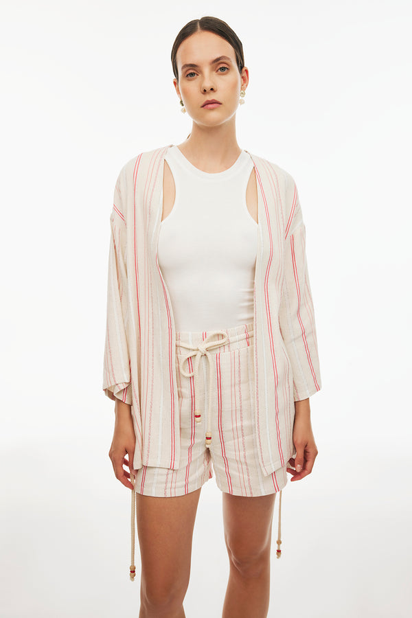 Perspective V-Neck Three-Quarter Sleeve Striped Kimono Beige