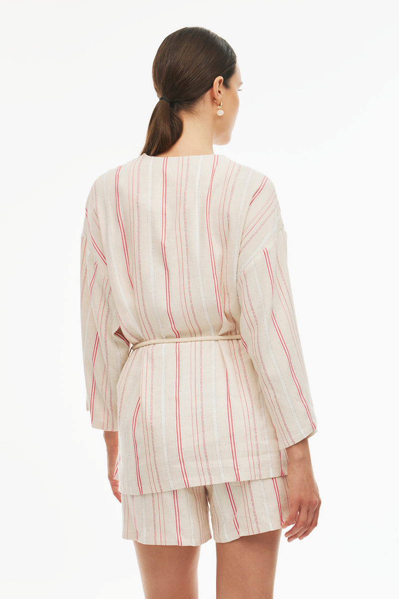 Perspective V-Neck Three-Quarter Sleeve Striped Kimono Beige