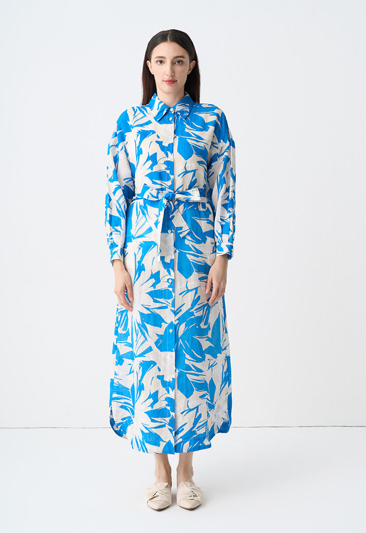 Choice Printed Belted Shirt Dress Blue