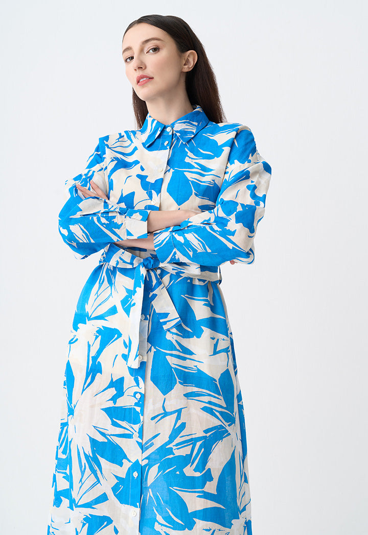 Choice Printed Belted Shirt Dress Blue