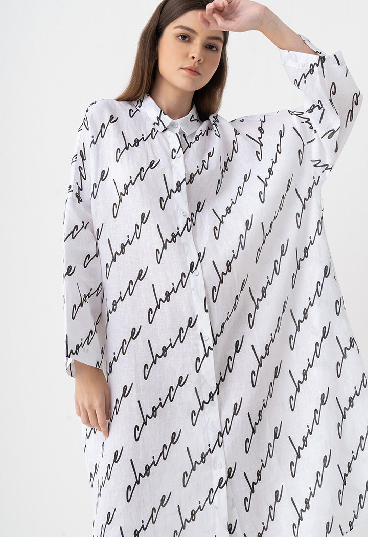 Choice Drop Shoulders Logo Printed Shirt Dress Off White