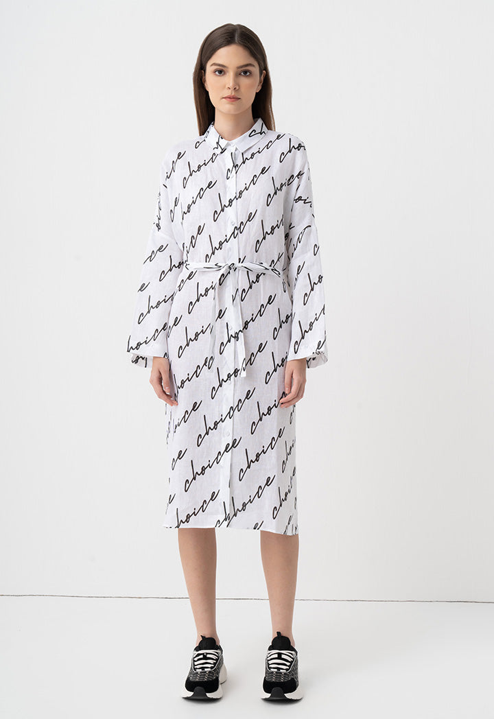 Choice Drop Shoulders Logo Printed Shirt Dress Off White