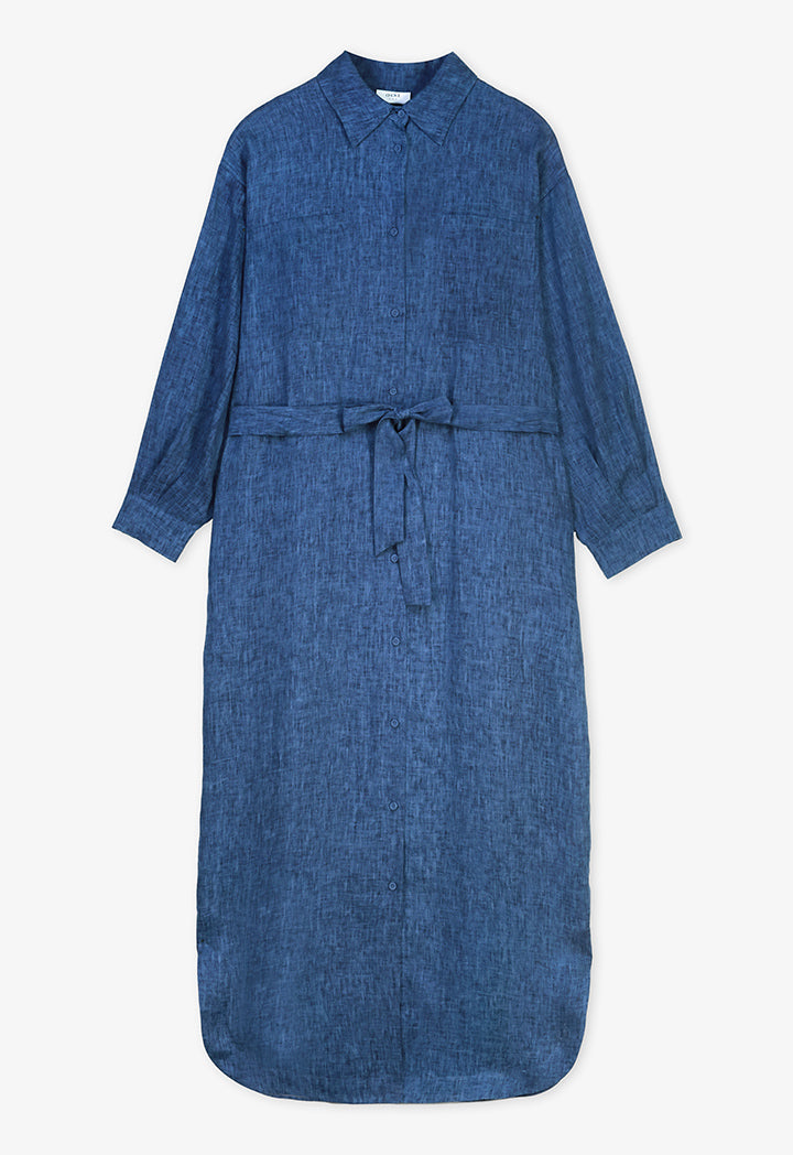 Choice Solid Patch Pockets Belted Shirt Dress Indigo