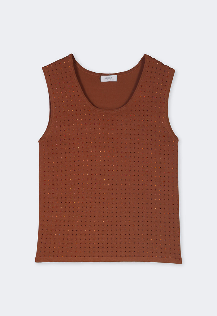 Choice Sleeveless Crystal Embellished Knitted Top Caramel