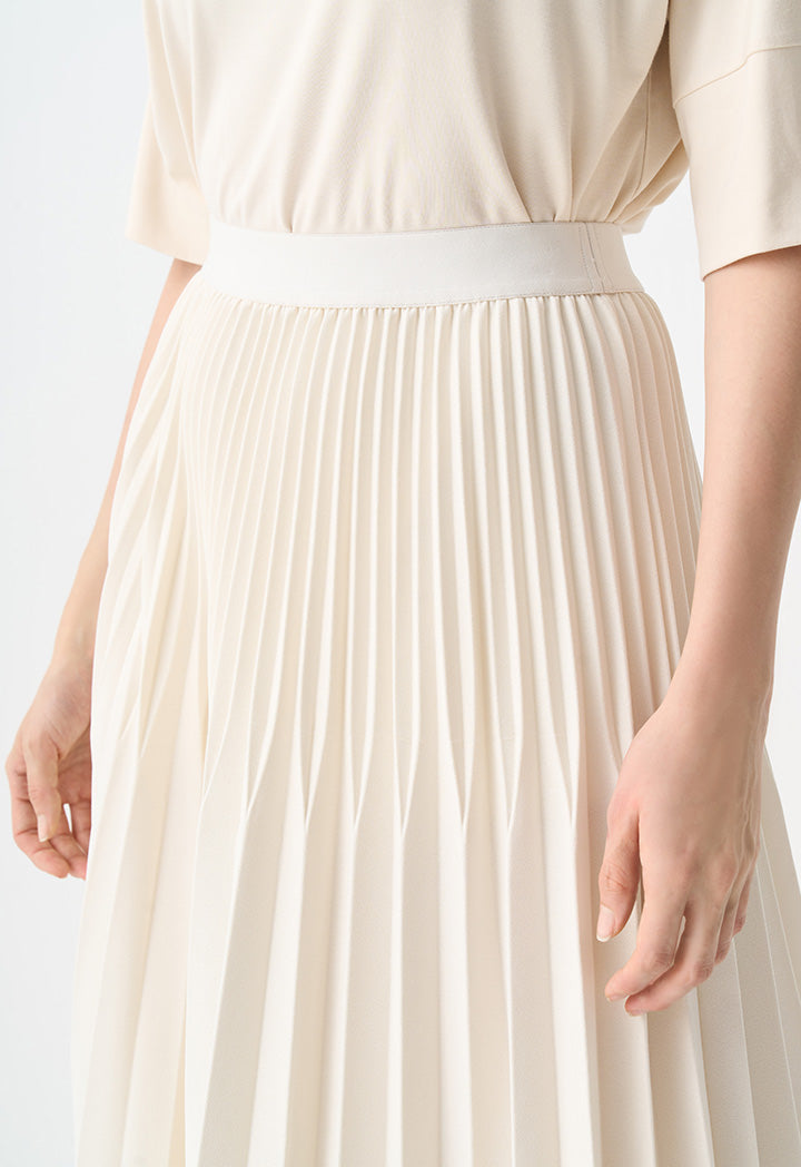 Choice Solid Pleated Elastic Waistband Skirt Beige